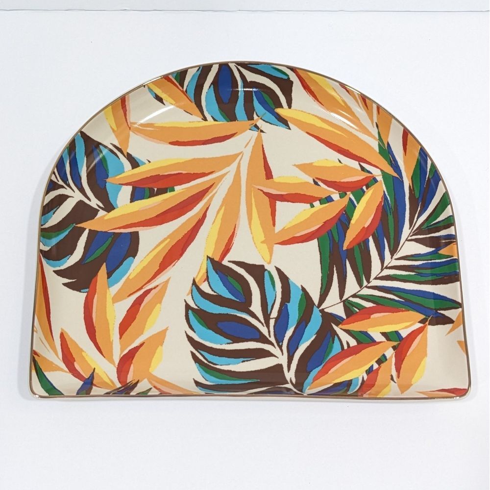 Tabitha Brown Serving Platter Appetizer Tray Yellow Blue‎ Palm Leaves Gold Trim